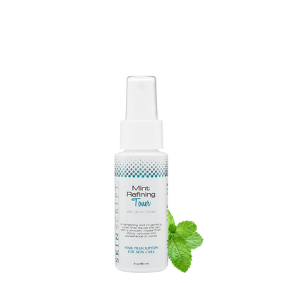 Close-up of Mint Refining Toner, featuring mint and lemongrass ingredients.